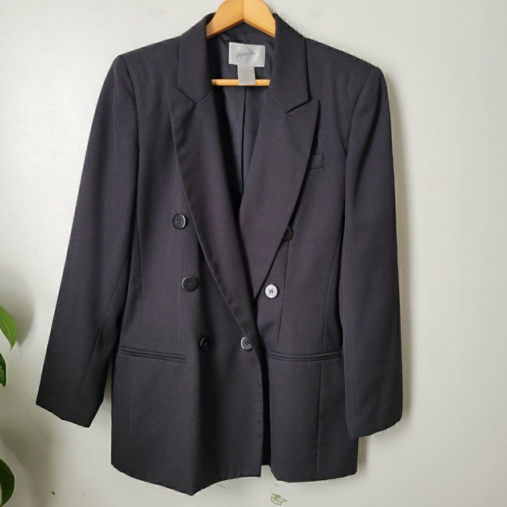 EUC JACQUELINE FERRAR BLACK LONGLINE BLAZER JACKET DOUBLE BREASTED SIZE 12 / L